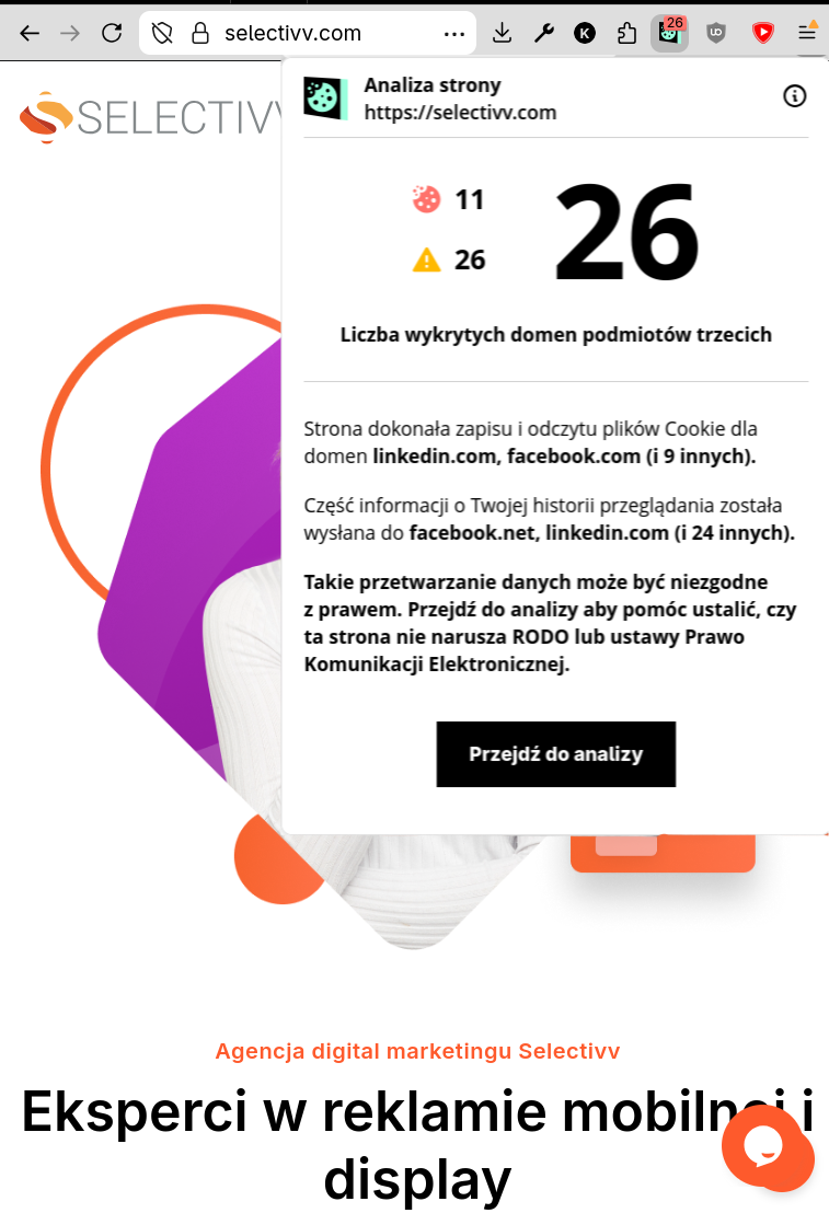 Skan Rentgenem strony Selectivv. Nie ma pytania o zgodę. Od razu cookiesy wysyłane do linkedina i facebooka